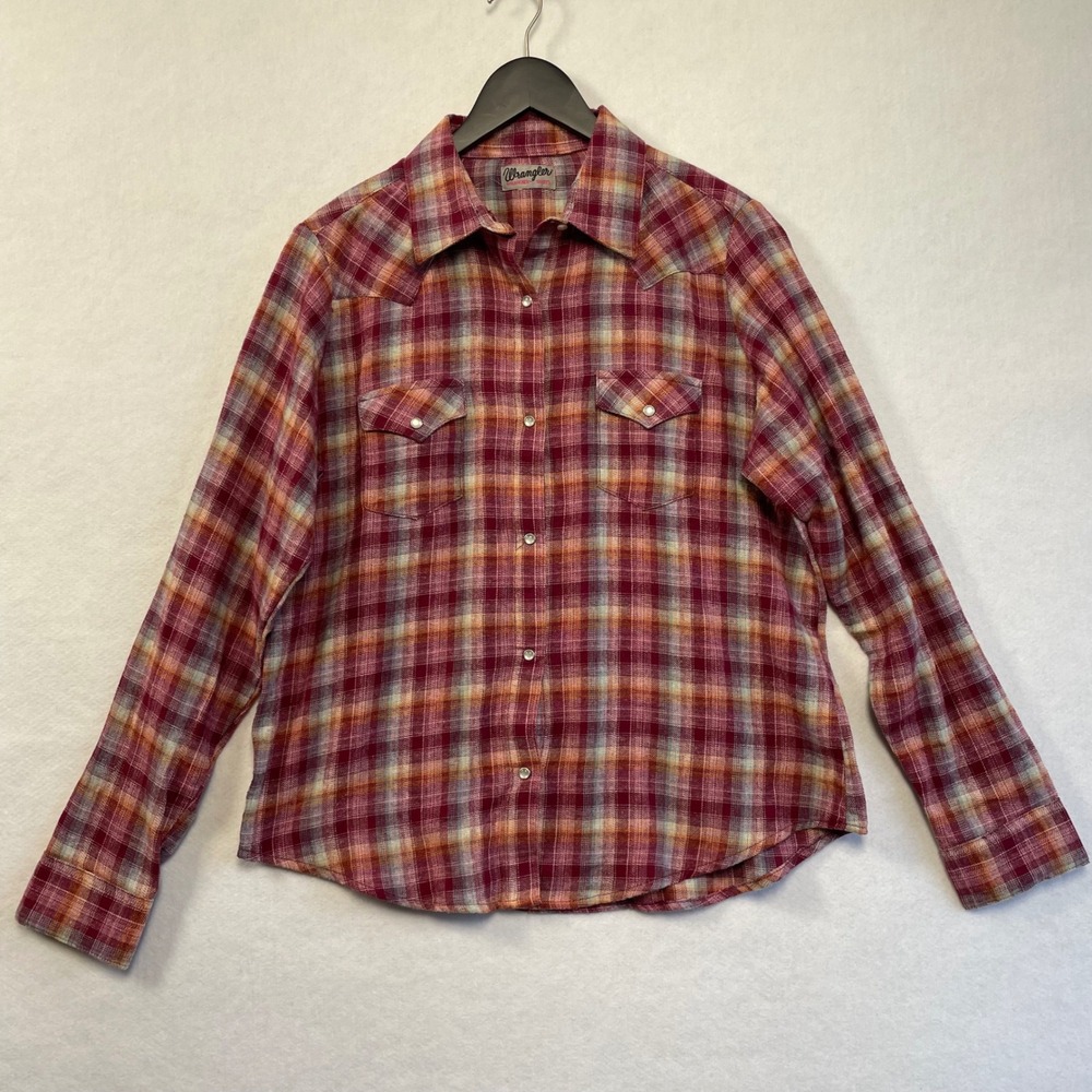 Wrangler Wrancher Womens Burgundy Plaid Western Pearl Snap Flannel Shirt